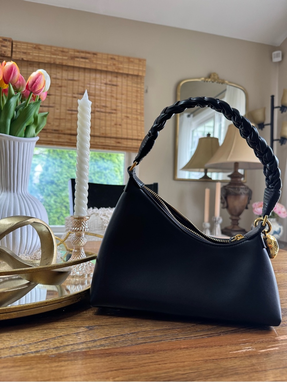 Elegant Black Shoulder Bag with Braided Handle